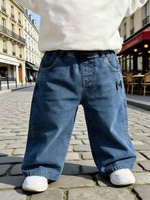 女宝宝新款刺绣字母日常休闲牛仔裤 - 藍色 - 查看 2