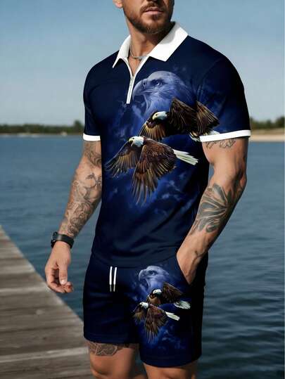 男士商务休闲拉链短袖 Polo 衫和短裤套装