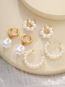 6pcs Elegant & Sophisticated Faux Pearl Stud Earrings Set, Everyday, Date, Commute, Birthday, Valentine's Day Gift For Her - Yellow Gold - View 4