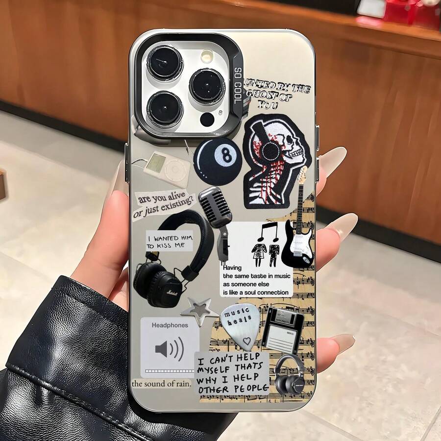 1pc Music Rock Element Pattern Phone Case, Shockproof Creative Matte Soft Phone Cover, Holiday Gift For Kids, Compatible With IPhone 7, 8, X, XS, XR, 11, 12, 13, 14, 15, 16 Pro Max - Fashionable Grey Design - Multicolor - View 1