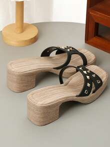 Sandalias de tacón grueso cómodas y antideslizantes para adolescentes, de moda y versátiles para el verano - Negro - Ver 4