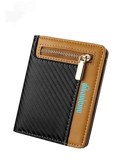 1pc Young Men's High-End Zipper Short Carbon Fiber Pattern Multifunctional Fashionable Retro Card Holder Wallet, Best Gift For Men On Valentine's Day, Solid Color PU Leather