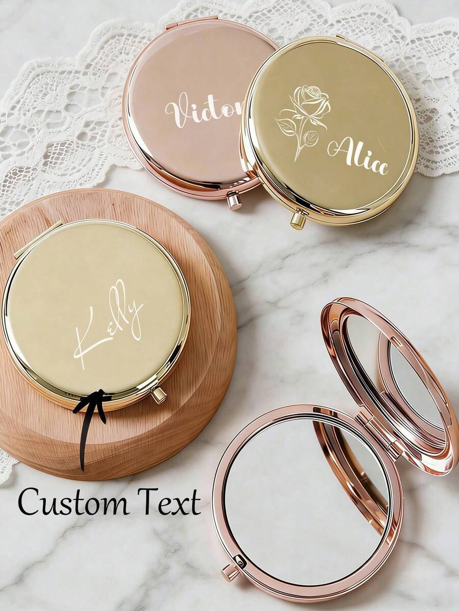 Personalized Engraved Compact Mirror - Metal Double-Sided Portable Pocket Mirror, Customized Travel Makeup Mirror For Bridesmaids, Custom Initial Text Rose Engraving, Folding Mirror - Multicolor - View 1