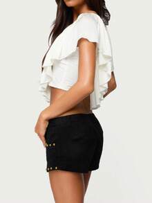 Women's Ruffled Cropped Knit Tops: Elegant Solid Hue, Delicate Lace-Trimmed, Adjustable Tie-Back With V-Neck Summer Tops - White - View 3