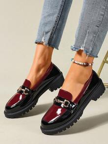 女士黑红撞色真皮一脚蹬乐福鞋，轻便透气，粗跟设计，撞色拼接，金属搭扣装饰，休闲牛津鞋，亮面漆皮，春秋款 - 黑紅色 - 查看 6