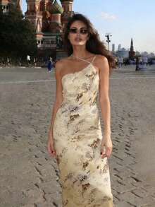 Elegant Asymmetrical Shoulder Spaghetti Strap Dress, New Summer Women's Fashion, Minimalist And Chic, Backless Design, Casual And Versatile Long Dress. Graceful Sleeveless Summer Dress, Suitable For Women's Commute, Casual And Elegant, Suitable For Commute, Party, Beach And Other Occasions. Graceful Women's Dress, Suitable For Various Occasions. Vacation Outfits For Women - Khaki - View 3