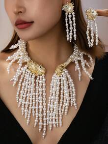 Elegant Luxury Elegant Faux Pearl Tassel Design With Full Diamond Lion Element Women's Charming Jewelry Set, Suitable For Wedding/Banquet, Exquisite Maximalism Accessories That Shine Among The Crowd - Multicolor - View 1