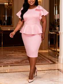 大码女式荷叶边领珍珠串珠领结闪亮修身派对礼服，优雅鸡尾酒半正式舞会礼服，适合生日、婚礼嘉宾、毕业典礼、晚宴、返校节