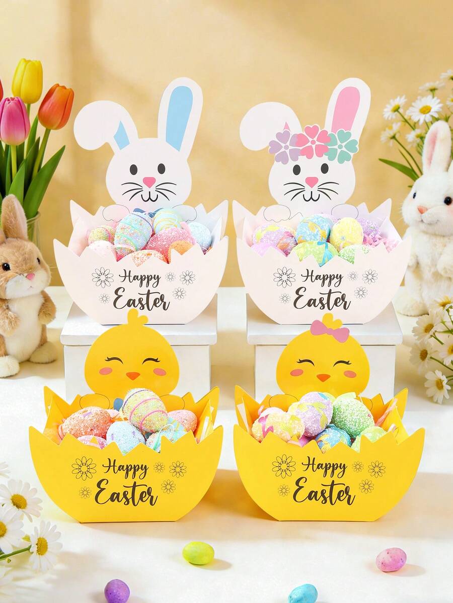 4个复活节兔子和小鸡纸质礼盒，复活节兔子和小鸡碗托，复活节礼品包装盒，糖果盒，零食盒，复活节礼品包装用品，复活节派对装饰，春季节日装饰，复活节装饰，家居装饰，桌面装饰，复活节派对用品，复活节派对回礼袋，复活节礼物
