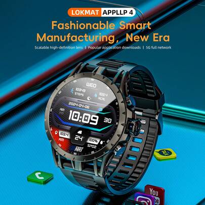 LOKMAT APPLLP 4 智能手表，1.508 英寸 AMOLED 圆形大屏，多功能创意 180° 旋转表盘，高清摄像头，学生手机手表，支持 SIM 卡，独立通话，WiFi 上网，免费下载第三方应用，适合青少年、成人、男女用户，安卓系统，黑色科技手表