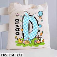 Personalized Easter Bunny Canvas Tote Bag, Customizable Easter Tote Bag With Name, Bunny Ear Easter Tote Bag, Boys Girls Easter Tote Bag, Reusable Tote Bag, Easter Basket, Happy Easter, Easter Gift - White - View 1