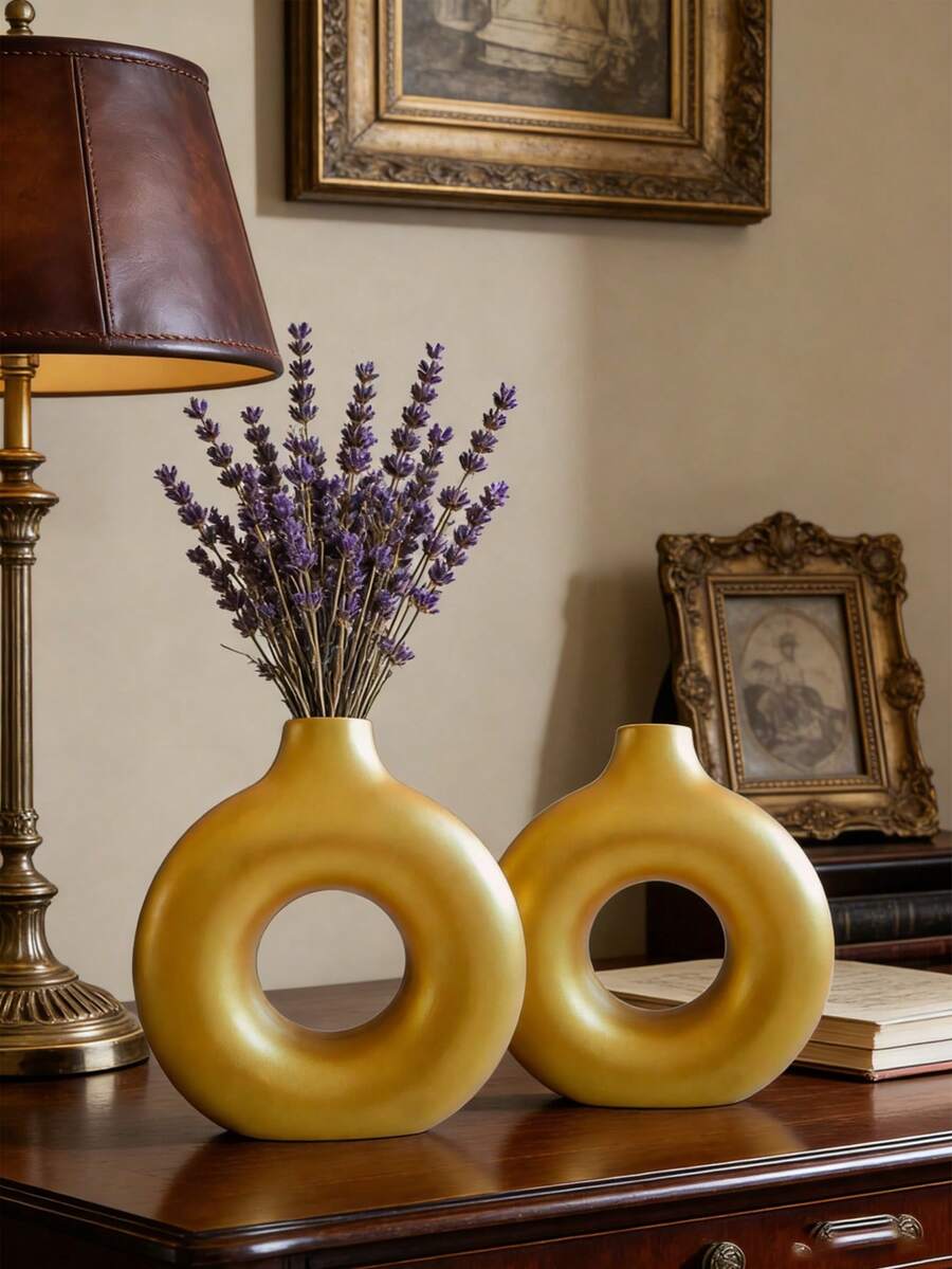 Zestaw skandynawskich, minimalistycznych, okrągłych wazonów, wazon na środek stołu weselnego, okrągły wazon w kształcie obręczy w stylu boho, nowoczesny, minimalistyczny, okrągły wazon odpowiedni na sztuczne, suszone kwiaty, odpowiedni do wystroju wnętrz, miękkich mebli, wystroju pokoju, wystroju salonu, dekoracji stołu, dekoracji stołu jadalnego, dekoracji, prezentów - Złoto - Zobacz 1
