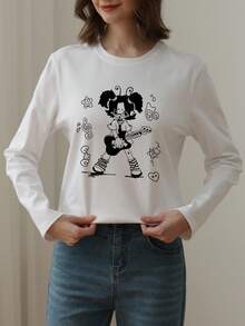 女士休闲宽松卡通印花T恤，可爱图案，圆领，日常百搭，春秋季