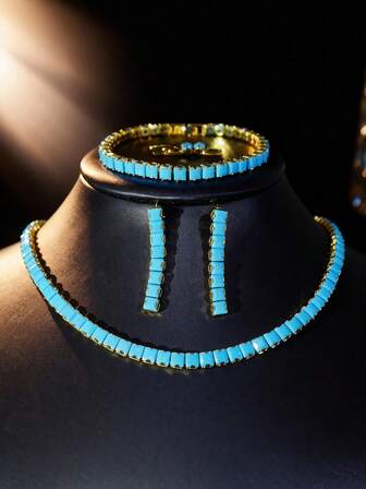 SEQUITO 4件套奢华新娘服饰配饰，镶嵌方形蓝色AAA级立方氧化锆，精致水滴耳环、项链、手链首饰套装