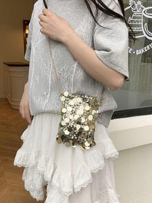 迷你亮片链条单肩包，个性纹理简约斜挎包，优雅手拿包，时尚亮片女士手机包，链条装饰可装手机和零钱，适合购物 - 金色 - 查看 5