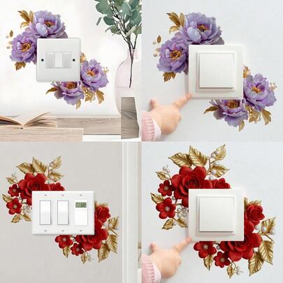 Pegatinas de interruptor de plantas y flores frescas con borde dorado, calcomanía de interruptor de luz con hojas de peonía y rosa para decoración de dormitorio, sala de estar, guardería y baño, decoración de interruptor del Día de San Valentín