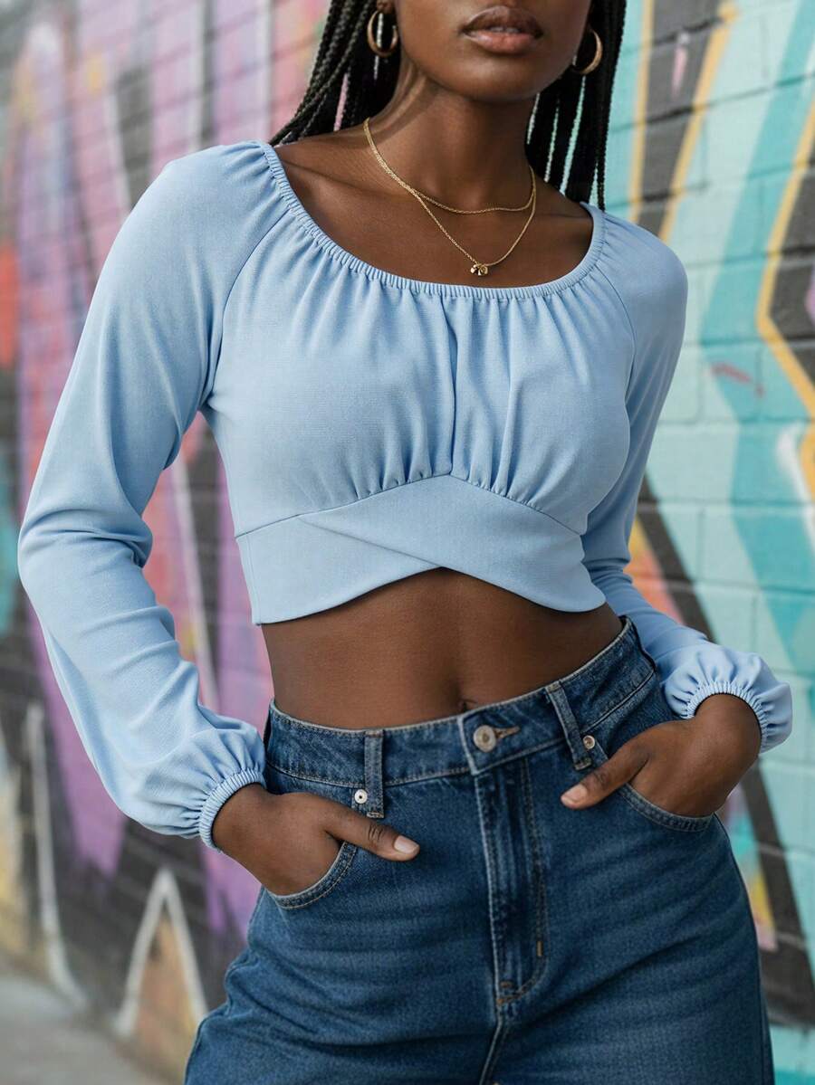 Áo croptop tay dài dáng suông, không lưng, thắt nơ, kiểu dáng thường ngày, thích hợp cho nữ, phong cách nghỉ dưỡng, size nhỏ, mùa xuân/thu. - Màu xanh lam - Xem 1