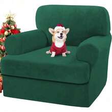 Trugenix-Sofa Cover 2 Piece T Cushion Armchair Slipcovers Velvet Couch Cover Furniture Protector Stretch T Cushion Sofa Covers For 1 Cushion Couch With 1 Individual T Cushion Covers, Deep Teal-GP - 綠色 - 查看 1