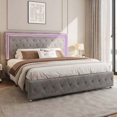 Twin/Full/Queen Size Upholstered Platform Bed Frame With LED Lights, Button Tufted Adjustable Headboard Bed Frame, No Box Spring Needed