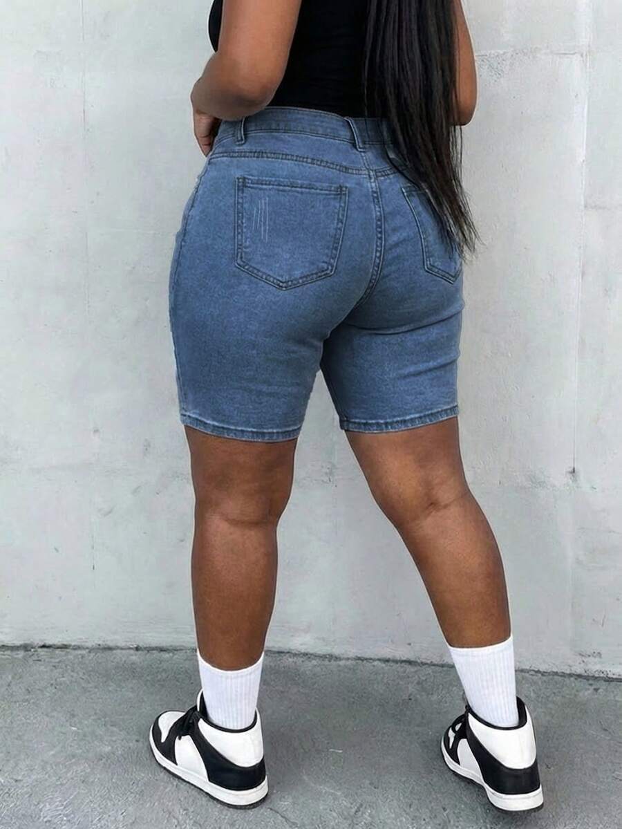 Women's Casual Cat Whisker Decor Elastic Denim Shorts For Summer, Flattering Silhouette, Suitable For Vacation, Beach, Music Festival, Holiday, Casual Denim Style - Dark Wash - View 1