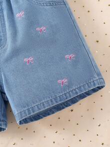 1件 女童时尚日常刺绣粉色蝴蝶结牛仔短裤 - 淺色水洗藍 - 查看 6