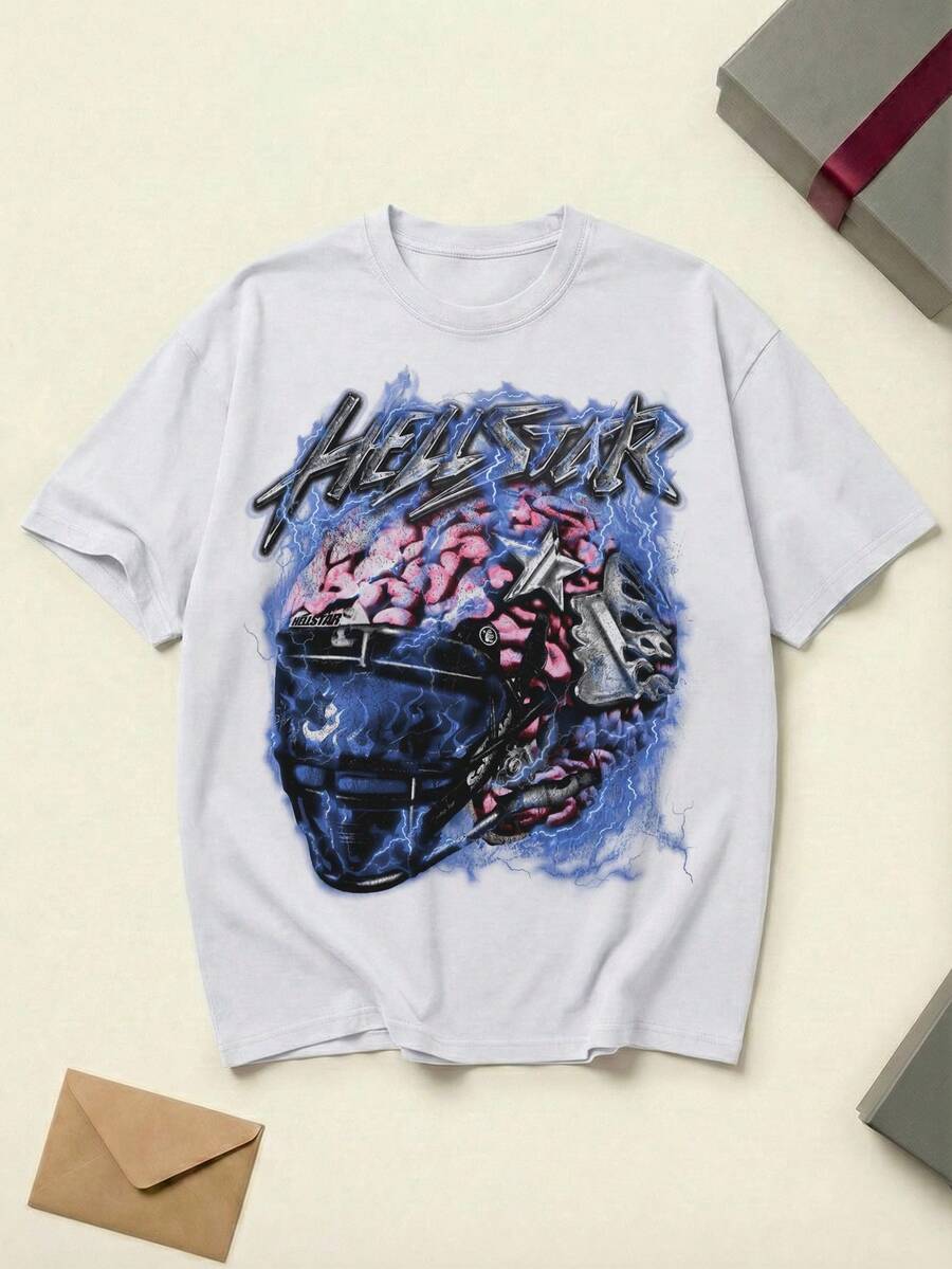 Hell Star Powered By The Star Graphic Tee Cotton Shirt Unisex Couple Matching Boyfriend Style Blue Lightning Print Y2K Cyberpunk Streetwear Summer Outfits Graphic Tees Men Oversized T Shirt Men Fall Clothes Men Winter Clothes - 白色 - 查看 1