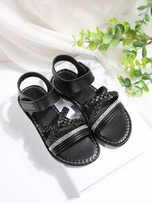 Girls' Black Woven Rhinestone Sandals, Summer Hook And Loop Soft Bottom Open Toe Children's Fashion Sandals - Black - View 1