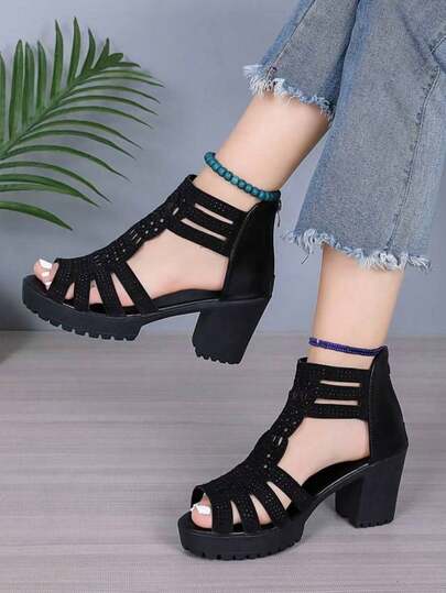 Women's Rhinestone Embellished High Heel Sandals, Thick Platform Ankle Strap Open Toe Dress Shoes
