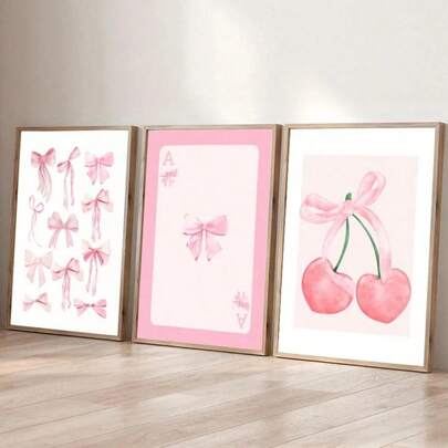 3 piezas Cuadros de arte de pared en acuarela con moño rosa, impresiones en lienzo, decoración de póster femenina para dormitorio, sala de estar u oficina, decoración de apartamento universitario, sin marco