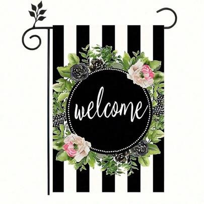 1pc 2DFlat-Welcome Garden Flag - Double-Sided, Rustic Farmhouse Style With Floral And Striped Design, Durable Polyester, Ideal For Outdoor Porch Decor, Outdoor Garden Decor, Seasonal Display, Faderesistant Material