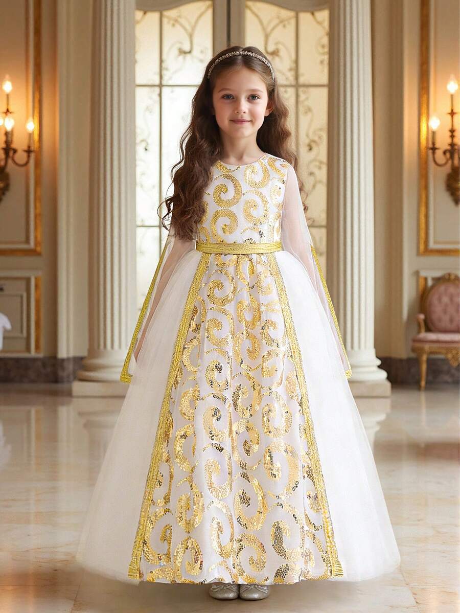 Young Girls Round Neck Sequin Gold Ribbon Mesh Elegant White Flower Girl Princess Dress, Suitable For Holidays, Parties, Family Events (Headband Not Included) - 白色 - 查看 1