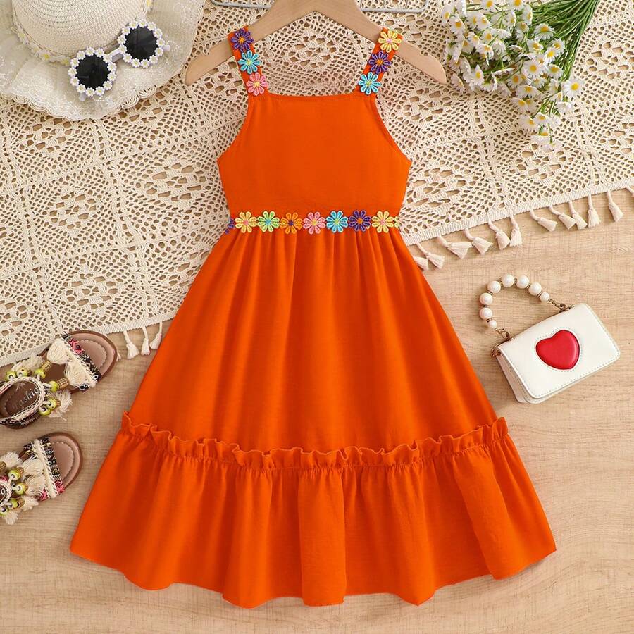 Đầm bé gái không dây vai, ngọt ngào với họa tiết hoa cam và viền bèo nhún. - Màu Cam cháy - Xem 1