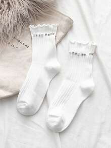 1双女士珍珠边中筒袜，时尚百搭罗纹袜，春秋季