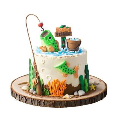 6pcs Immersive Fishing Atmosphere! Carp Themed Birthday Cake Toppers, Cartoon Coral, Seaweed, Shell Decorations, Fishing Hobby Birthday Party Decor, Interactive Elements To Inspire Fun! Guests Will Enjoy "Catching" The Bass With Fishing Rods - A Great Photo Opportunity. Reusable Happy Birthday Cake Hat, Ready For The Next Adventure.