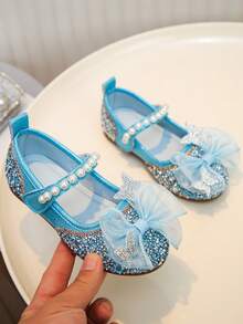 1 Pair Girls' Multi-Color Butterfly Rhinestone Shoes, Pearl Decor Princess Soft Bottom Shoes, Suitable For Spring, Summer, Birthday Party, School Performance, Ethereal And Gentle Little Shoes - Blue - View 4
