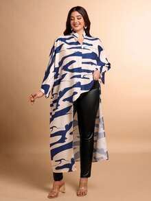 Women's Plus Size Allover Print Stand Collar V-Neck Solid Color High-Low Hem Ruffle Sleeves Asymmetric Hem Shirt(Random Print) - Multicolor - View 3