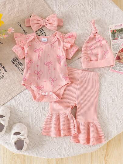 2pcs Newborn Baby (Girl) Soft Comfortable Ribbed Print Short Sleeve Romper + Flared Pants + Hat + Headband Set, Spring/Summer