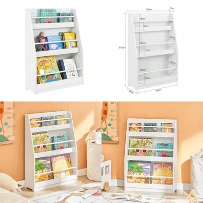 asfdSoBuy Librero Infantil y Organizador de Juguetes Estanteria para Niños con Espacio para Libros y Cajas Organizadoras Mueble para Cuarto Infantil o Sala de Juegos Blanco KMB45-Wws