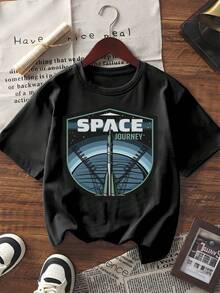 Damen Kurzarm T-Shirt Lässig Rundhals Weltraum Reise Rakete Muster Tee Oberteil Locker Sitzend Sommer Streetwear Mode Grafik Tees für den täglichen Gebrauch - Weiss - Übersicht 6