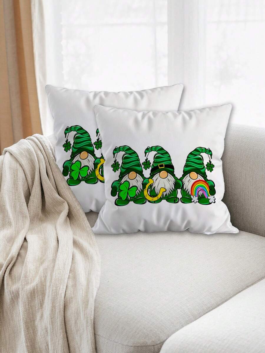 Fețe de pernă de Ziua Sfântului Patrick, set de 2 bucăți, bază albă cu dungi verzi, gnomi, trifoi, potcoavă și curcubeu, față de pernă decorativă ultra moale de 18x18 inch (45x45cm) pentru casă, camera copiilor, petrecere - fără inserție - alb - Vizualizare 1