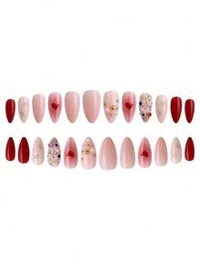 24pcs Short Almond Shaped False Nails, Valentine's Day Red Heart Rhinestone Starry Design, Full Coverage Removable Nail Art Set, Suitable For Women Party, Ball, And Daily Wear