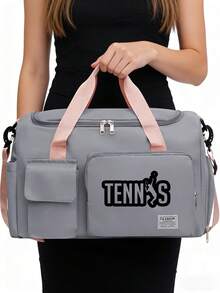 1件装网球印花旅行包，多功能健身手提包/背包，大容量休闲尼龙旅行包，轻便，适合健身房、运动、过夜旅行