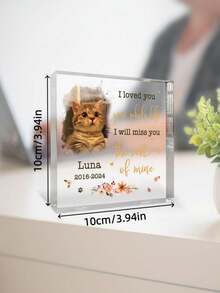 1Pc Personalized Acrylic Square Pet Memorial Plaque - Forever Loved Cat Remembrance Keepsake With Angel Wing Design & Custom Name - Elegant Desk Decor For Cat Owners, Heartwarming Illustration - Multicolor - View 3