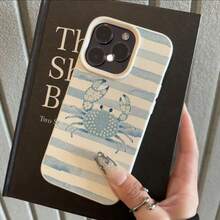1pc TPU Material Refreshing Striped Handpainted Cute Blue Crab Pattern Phone Case Compatible With IPhone 17 Pro Max/17/16 Pro Max/15/13/12/11, S20 FE/A15/S24/A55, Compatible With Redmi Note 11/Note 12/Note 13 Pro, Full Coverage Anti-Drop Soft Protective Phone Case - White - View 2