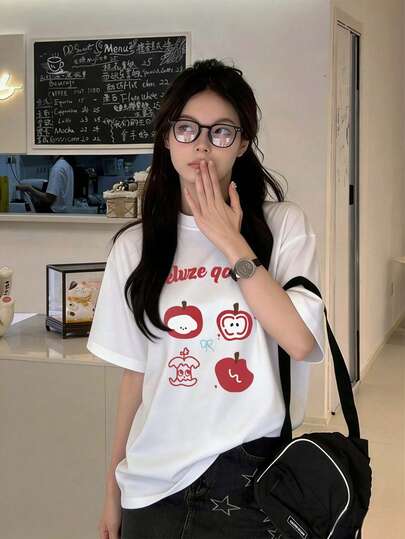 Women's Casual Loose Comfortable Short Sleeve T-Shirt With Cute Prints, Black Color For Daily Wear, Spring/Summer