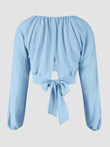 Áo croptop tay dài dáng suông, không lưng, thắt nơ, kiểu dáng thường ngày, thích hợp cho nữ, phong cách nghỉ dưỡng, size nhỏ, mùa xuân/thu. - Màu xanh lam - Xem 4
