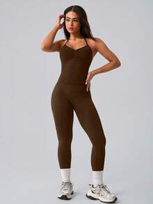 NcmRyu 1 Set Women's Fashion Elastic Halter Neck Tank Top And Pants Sportswear Set Summer - Brown - View 8