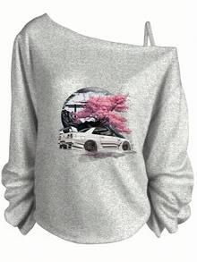 Valentine's Day, Cherry Blossom Graphic Print, Off-Shoulder Loose Long Sleeve Top, Y2K, Streetwear, Date Night Outfit,Essentials Hoodie - 灰色 - 查看 1