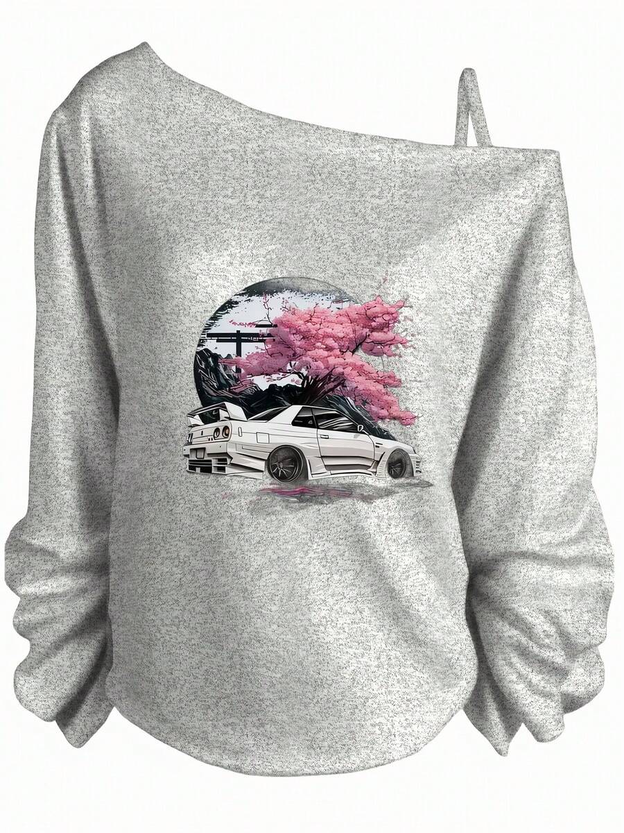 Valentine's Day, Cherry Blossom Graphic Print, Off-Shoulder Loose Long Sleeve Top, Y2K, Streetwear, Date Night Outfit,Essentials Hoodie - 灰色 - 查看 1