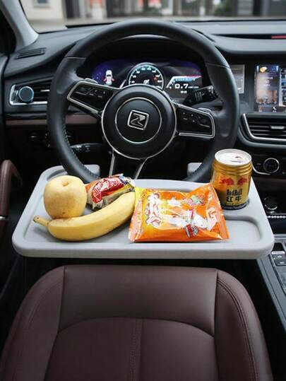 1pc Multifunctional Car Steering Wheel Tray, 2-In-1 Foldable Steering Wheel Desk With Cup Holder And Pen Slot, Made Of Durable ABS Plastic, Suitable For Dining, Working And Storage, Universal Fit For Most Sedans And SUVs, Essential Car Travel Accessory. Black Multifunctional Car Steering Wheel Tray, Gray Multifunctional Car Steering Wheel Tray.